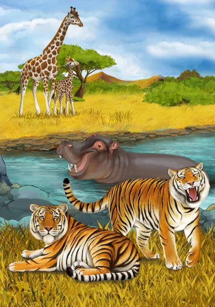Мультяшна сцена з гіпопотамасом хіппо плаває в річці біля — стокове фото