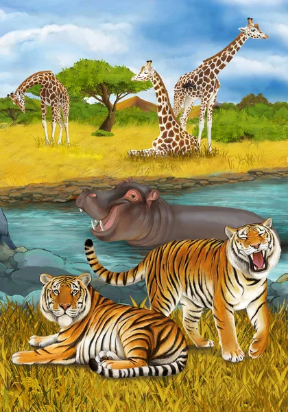 Cartoon scene with hippopotamus hippo swimming in river near the — Stock Photo, Image