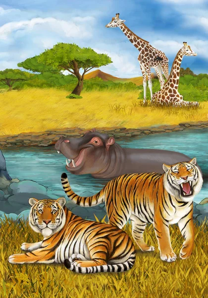 Мультяшна сцена з гіпопотамасом хіппо плаває в річці біля — стокове фото