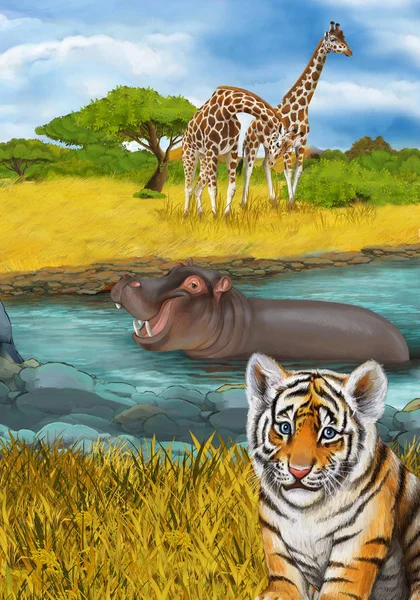 Cartoon scene with hippopotamus hippo swimming in river near the — Stock Photo, Image