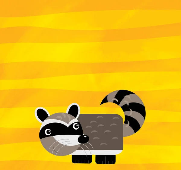 Cartoon scene with farm animal raccoon on yellow stripes illustration — 스톡 사진