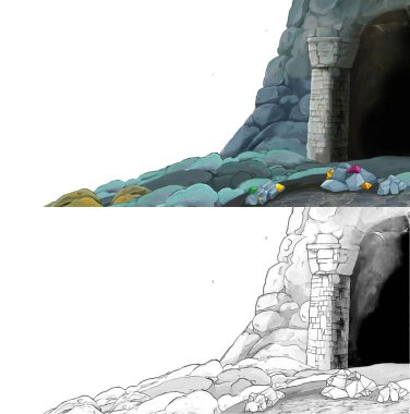 Çizim defteriyle çiftlik köyüne giden bir çizgi film sahnesi.