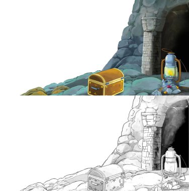 Çizim defteriyle çiftlik köyüne giden bir çizgi film sahnesi.