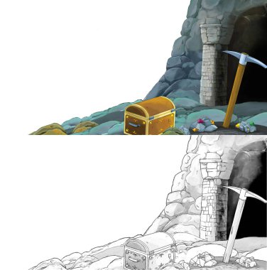 Çizim defteriyle çiftlik köyüne giden bir çizgi film sahnesi.