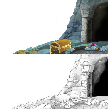 Çizim defteriyle çiftlik köyüne giden bir çizgi film sahnesi.