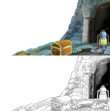 Çizim defteriyle çiftlik köyüne giden bir çizgi film sahnesi.