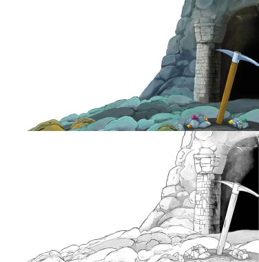 Çizim defteriyle çiftlik köyüne giden bir çizgi film sahnesi.