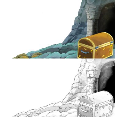 Çizim defteriyle çiftlik köyüne giden bir çizgi film sahnesi.