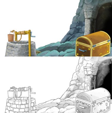 Çizim defteriyle çiftlik köyüne giden bir çizgi film sahnesi.