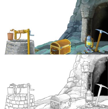 Çizim defteriyle çiftlik köyüne giden bir çizgi film sahnesi.