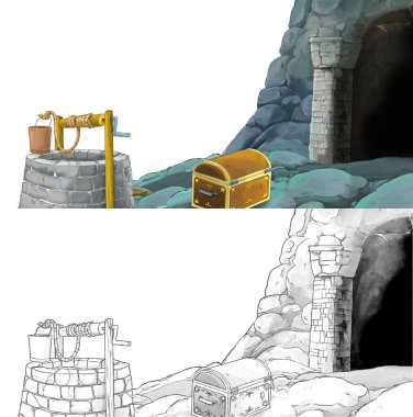 Çizim defteriyle çiftlik köyüne giden bir çizgi film sahnesi.