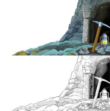 Çizim defteriyle çiftlik köyüne giden bir çizgi film sahnesi.