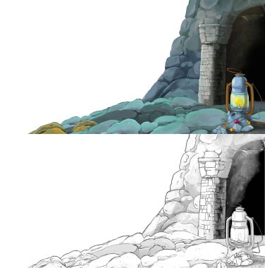 Çizim defteriyle çiftlik köyüne giden bir çizgi film sahnesi.