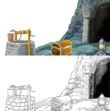 Çizim defteriyle çiftlik köyüne giden bir çizgi film sahnesi.