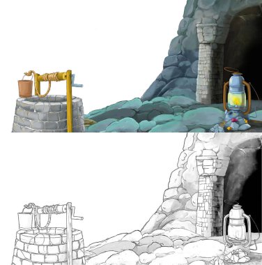 Çizim defteriyle çiftlik köyüne giden bir çizgi film sahnesi.