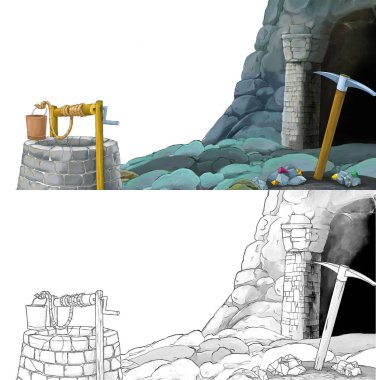 Çizim defteriyle çiftlik köyüne giden bir çizgi film sahnesi.