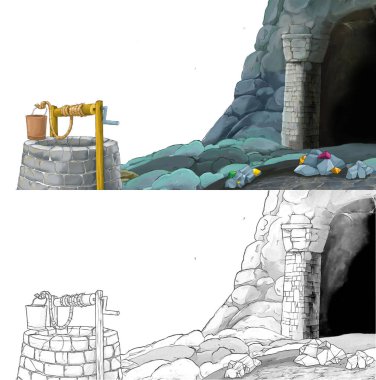 Çizim defteriyle çiftlik köyüne giden bir çizgi film sahnesi.