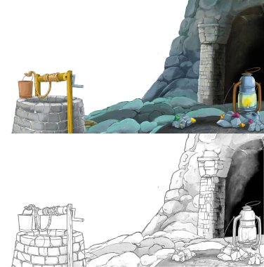 Çizim defteriyle çiftlik köyüne giden bir çizgi film sahnesi.