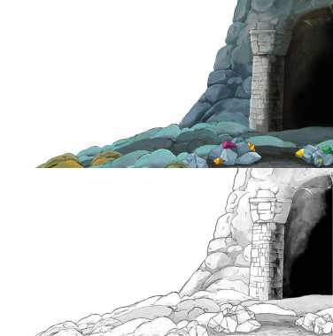 Çizim defteriyle çiftlik köyüne giden bir çizgi film sahnesi.