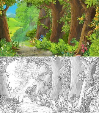 Karikatür yaz sahnesi. Çiftlik köyüne giden yol eskizlerle dolu.