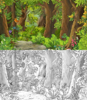 Karikatür yaz sahnesi. Çiftlik köyüne giden yol eskizlerle dolu.