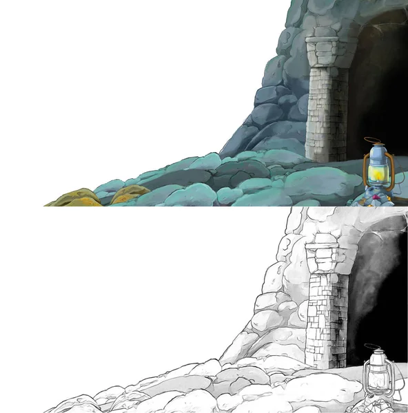 Çizim defteriyle çiftlik köyüne giden bir çizgi film sahnesi.