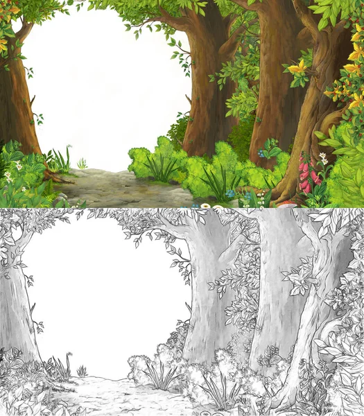 Çizim defteriyle çiftlik köyüne giden bir çizgi film sahnesi.