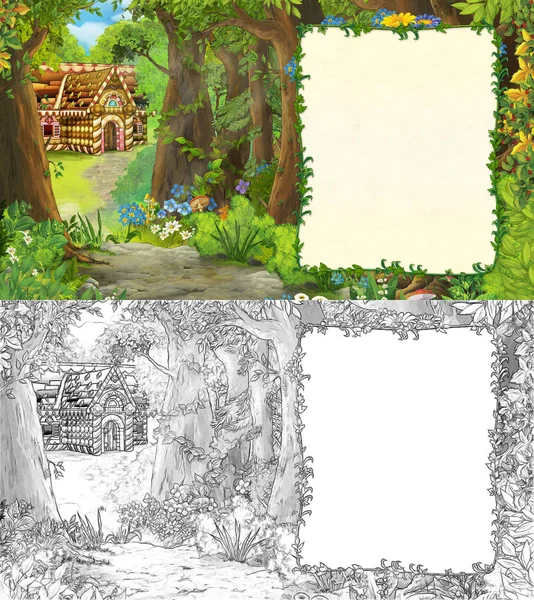 Escena de verano de dibujos animados con camino a la aldea de la granja con cuaderno de bocetos — Foto de Stock