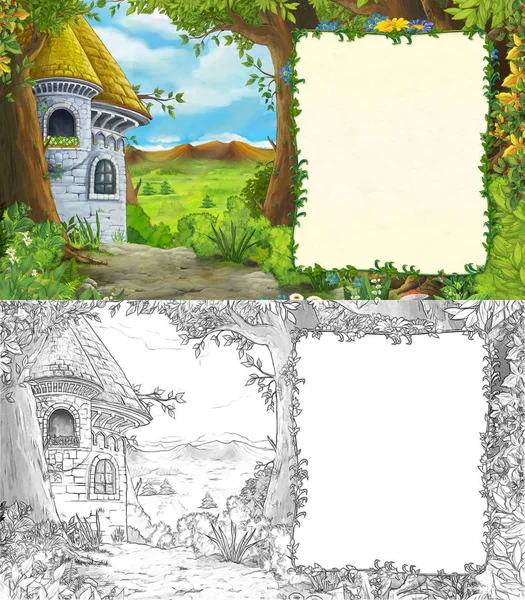 Escena de verano de dibujos animados con camino a la aldea de la granja con sketchbo — Foto de Stock