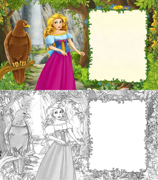 Cartoon nature scene with bird eagle and princess with sketch page — Stock Photo, Image