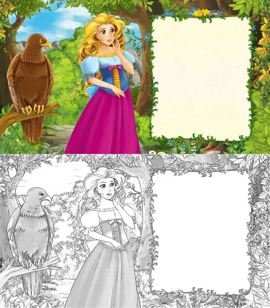 Dibujos animados escena de la naturaleza con águila pájaro y princesa con bosquejo página — Foto de Stock