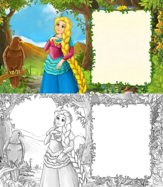 cartoon nature scene with bird eagle and princess with sketch page