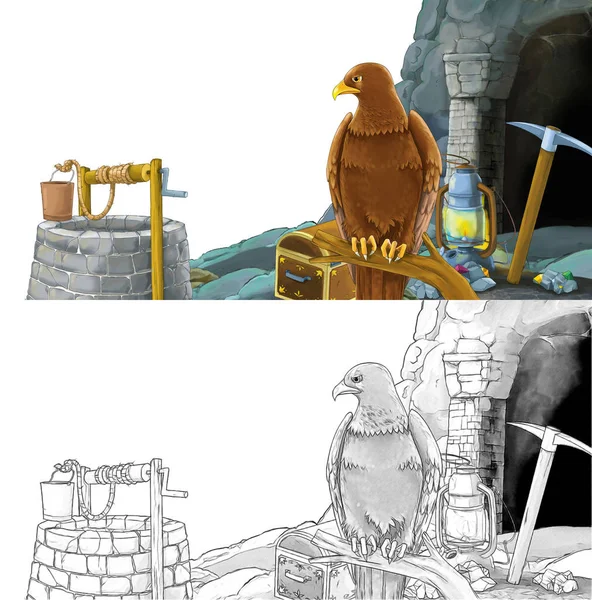 Scena z kreskówki ptak orzeł z ptak orzeł z wejściem do kopalni ze strony szkic — Zdjęcie stockowe