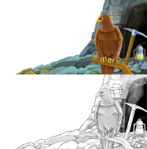 Escena de dibujos animados con pájaro águila con pájaro águila con entrada a la mina con bosquejo página —  Fotos de Stock
