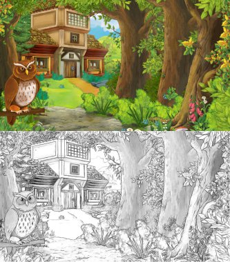 karikatür yaz sahnesi orman çiziminde çayır kuşlu 