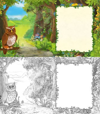 karikatür yaz sahnesi orman çiziminde çayır kuşlu 