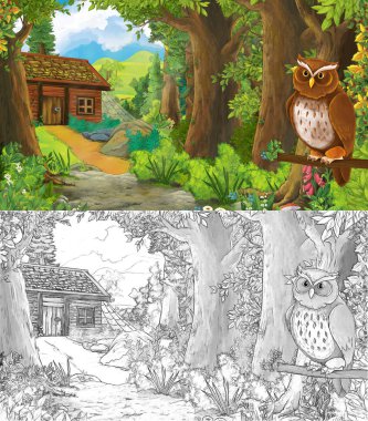 karikatür yaz sahnesi orman çiziminde çayır kuşlu 