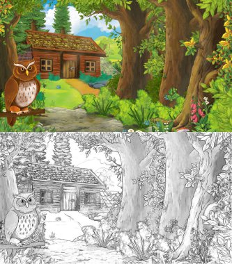 karikatür yaz sahnesi orman çiziminde çayır kuşlu 