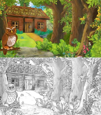 karikatür yaz sahnesi orman çiziminde çayır kuşlu 