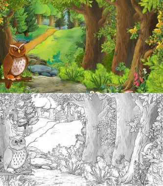 karikatür yaz sahnesi orman çiziminde çayır kuşlu 