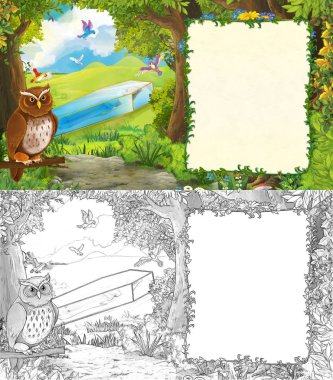 karikatür yaz sahnesi orman çiziminde çayır kuşlu 