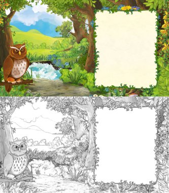 karikatür yaz sahnesi orman çiziminde çayır kuşlu 