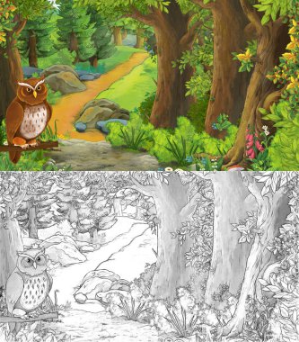 karikatür yaz sahnesi orman çiziminde çayır kuşlu 