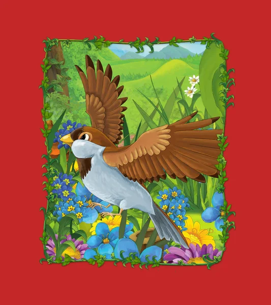 Σκηνή κινουμένων σχεδίων με όμορφο πουλί στην απεικόνιση λιβάδι — Φωτογραφία Αρχείου