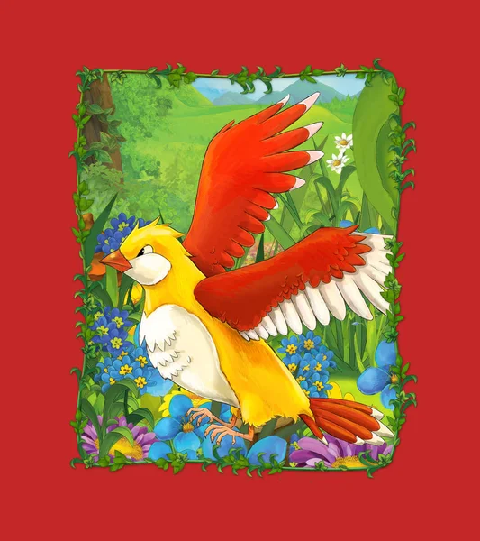 Escena de dibujos animados con hermoso pájaro en el prado ilustración para —  Fotos de Stock