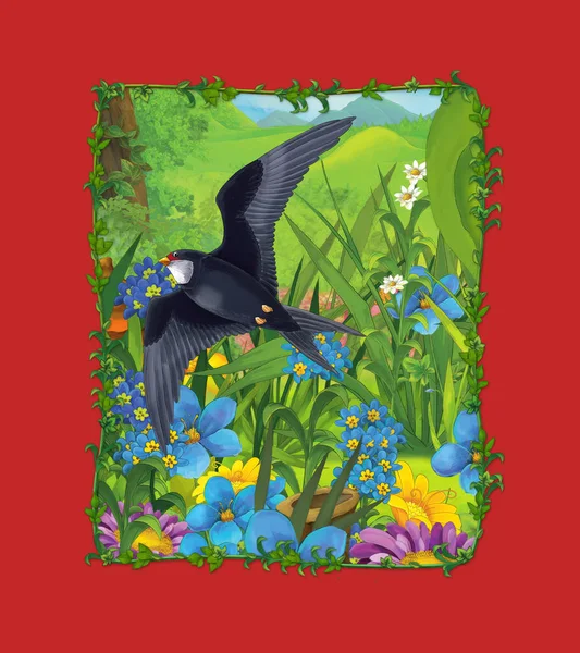 Scena del cartone animato con bellissimo uccello a cucù che vola sopra il prato - illustrazione — Foto Stock