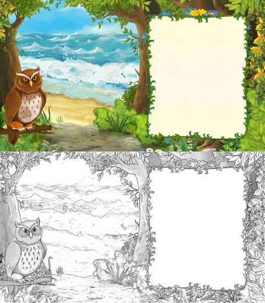 Cartone animato scena estiva con uccello con prato nel bozzetto foresta — Foto Stock