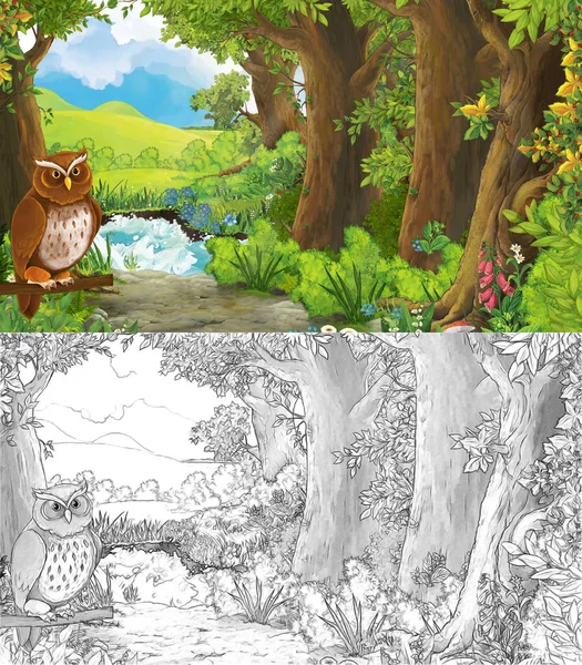 Kreslená letní scéna s ptákem s loukou v lesním náčrtu — Stock fotografie