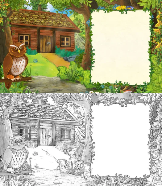 Cartoni animati scena estiva con aquila uccello con prato nella foresta s — Foto Stock