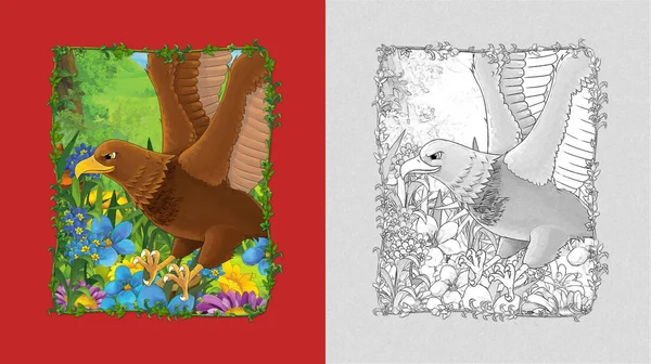 Escena de dibujos animados con hermoso pájaro en el prado - águila - illust —  Fotos de Stock